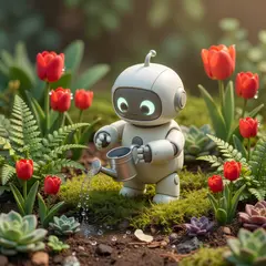 Grok Imagine — A 3D render of a cute robot watering plants in a m