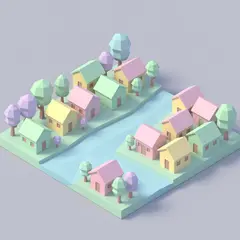 Grok Imagine — An isometric low-poly village with tiny houses, tr