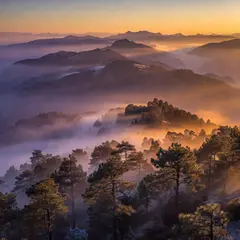 Grok Imagine — A misty mountain range at sunrise, layers of purpl