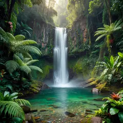 Grok Imagine — A waterfall cascading into a tropical pool surroun