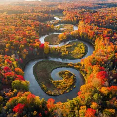 Grok Imagine — An aerial view of a winding river through autumn f