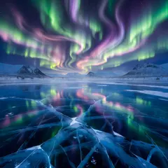 Grok Imagine — A frozen lake with cracks in the ice, Northern Lig