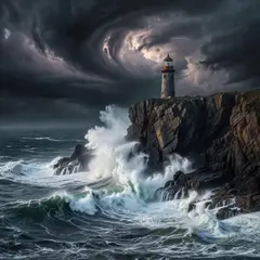 Grok Imagine — A coastal cliff with crashing waves below, lightho