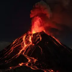 Grok Imagine — A volcano erupting at night with lava flowing down