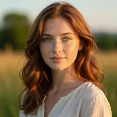 Grok Imagine — A young woman with freckles and green eyes, golden