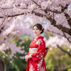 Grok Imagine — A Japanese woman in a red kimono standing under ch