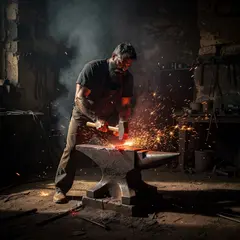 Grok Imagine — A bearded blacksmith in a dark workshop, sparks fl