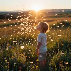 Grok Imagine — A child blowing dandelion seeds in a sunlit meadow