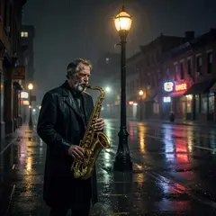 Grok Imagine — A street musician playing saxophone under a lamppo