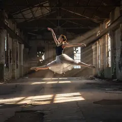 Grok Imagine — A ballet dancer mid-leap in an abandoned warehouse