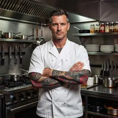 Grok Imagine — A tattooed chef in a white coat, arms crossed, con