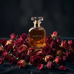 Grok Imagine — A bottle of amber perfume on a bed of dried roses,