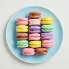 Grok Imagine — A stack of colorful macarons on a pastel blue plat