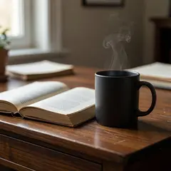 Grok Imagine — A matte black coffee mug with steam rising, placed
