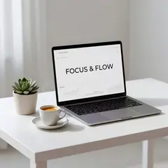 Grok Imagine — A sleek laptop on a clean white desk with a potted