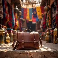 Grok Imagine — A leather messenger bag on a sun-dappled step in a