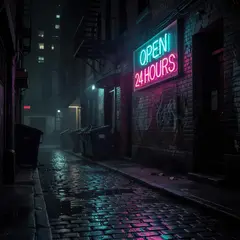 Grok Imagine — A glowing neon sign reading OPEN 24 HOURS in a dar