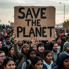 Grok Imagine — A protest sign held up in a crowd reading SAVE THE