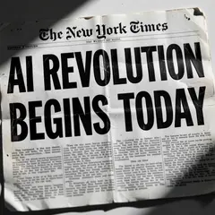 Grok Imagine — A newspaper headline reading AI REVOLUTION BEGINS 