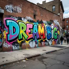 Grok Imagine — A graffiti mural on a brick wall spelling DREAM BI