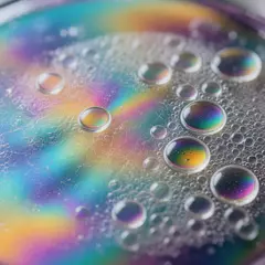 Hunyuan Image 3.0 — A macro photograph of oil droplets on water, iride