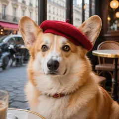 Hunyuan Image 3.0 — A corgi wearing a red beret sitting in a Parisian 