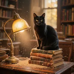 Hunyuan Image 3.0 — A black cat sitting on a stack of old books in a c