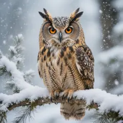 Hunyuan Image 3.0 — An owl perched on a snow-covered branch, intense a