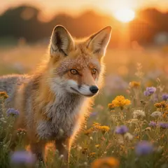 Hunyuan Image 3.0 — A fox in a field of wildflowers, backlit by sunset