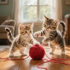 Hunyuan Image 3.0 — Two kittens playing with a ball of red yarn on a h