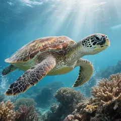 Hunyuan Image 3.0 — A giant sea turtle swimming over a coral reef, und