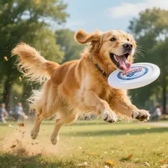 Hunyuan Image 3.0 — A golden retriever catching a frisbee in mid-air a