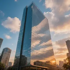 Hunyuan Image 3.0 — A modern glass skyscraper reflecting clouds at sun