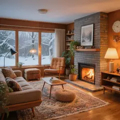 Hunyuan Image 3.0 — A cozy Scandinavian living room with a fireplace, 