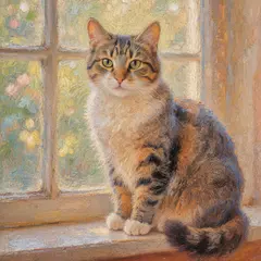 Hunyuan Image 3.0 — A cat sitting on a windowsill, impressionist oil p