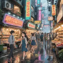 Hunyuan Image 3.0 — A cyberpunk street market in Tokyo, anime style, n