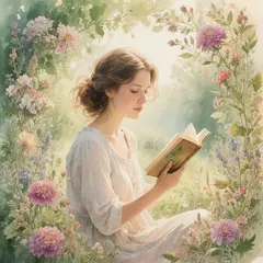 Hunyuan Image 3.0 — A woman reading a book in a garden, watercolor pai