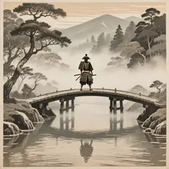 Hunyuan Image 3.0 — A lone samurai standing on a misty bridge, ukiyo-e