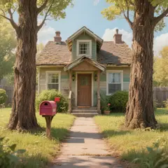 Hunyuan Image 3.0 — A small house between two tall trees, with a path 