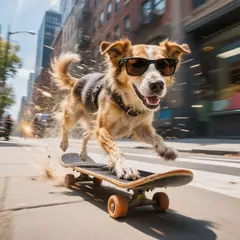 Hunyuan Image 3.0 — A dog wearing sunglasses riding a skateboard down 