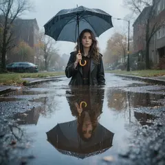 Hunyuan Image 3.0 — A woman holding an umbrella in the rain, reflected