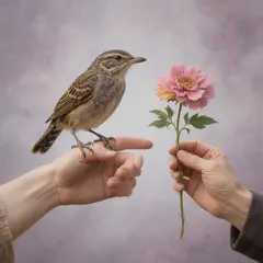 Hunyuan Image 3.0 — A bird perched on the left hand of a person, the r