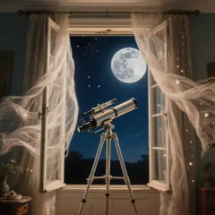 Hunyuan Image 3.0 — A telescope pointing at the moon through an open w