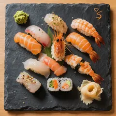 Hunyuan Image 3.0 — A perfectly plated sushi omakase on a black slate 