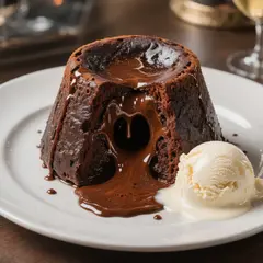 Hunyuan Image 3.0 — A dripping chocolate lava cake cut open on a white