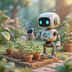 Hunyuan Image 3.0 — A 3D render of a cute robot watering plants in a m