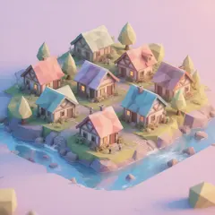 Hunyuan Image 3.0 — An isometric low-poly village with tiny houses, tr