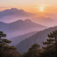 Hunyuan Image 3.0 — A misty mountain range at sunrise, layers of purpl