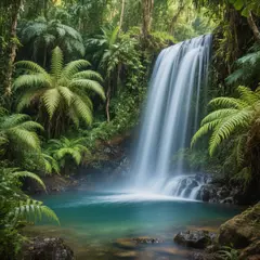 Hunyuan Image 3.0 — A waterfall cascading into a tropical pool surroun