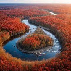 Hunyuan Image 3.0 — An aerial view of a winding river through autumn f